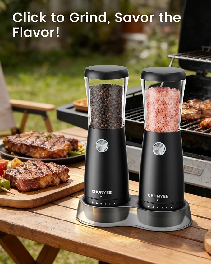 Electric Salt and Pepper Grinder Set - Automatic Stainless Steel Rechargeable Salt and Pepper Grinder Set with Storage Base, Large Capacity, LED Light & Adjustable Coarseness, Ideal Kitchen Gadget