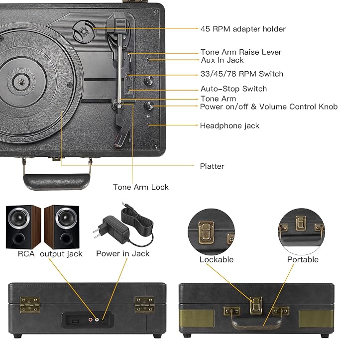 Retrolife Record Player 3 Speed Bluetooth Portable Suitcase Vinyl Player with Built-in Speakers Turntable Enhanced Audio Sound PU Leather Vintage