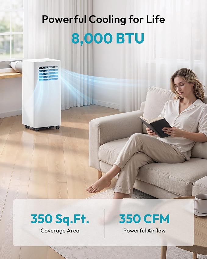 EUHOMY 8000 Btu Portable Air Conditioners, 3 in 1 Portable AC with Cool, Dry, Fan Modes, Quiet Air Conditioners with 24H Timer & Sleep Modes, with Remote, for Bedroom, Apartments up to 350 Sq.Ft