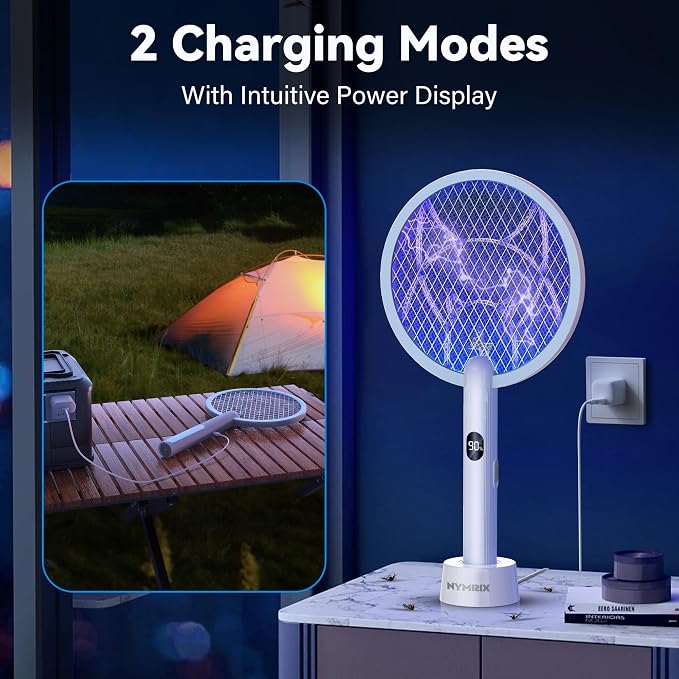 Nymrix Electric Fly Swatter Racket, 2 in 1 Mosquito Bug Zapper 4100V Handheld Mosquito Killer with 1800 mAh Rechargeable Battery, Purple Lightand 3-Layer Safety Mesh for Indoor Outdoor Blue Two-Pack