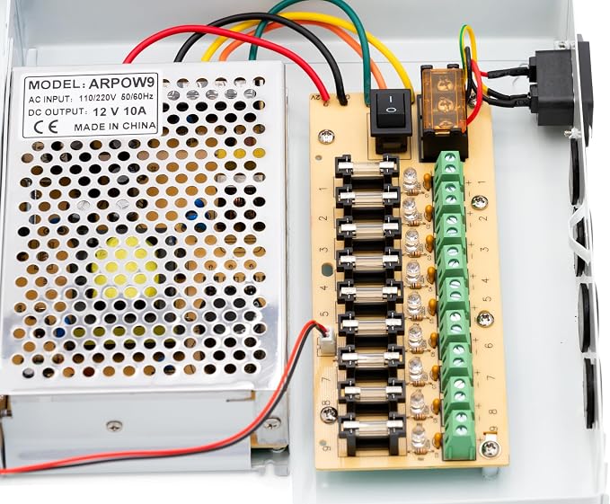 9 Channel/Port 10 AMPS, 12V DC Power Supply Box, Individually Fused for CCTV, LED, and All 12v DC Devices. Includes Screw Drivers & Extra fuses