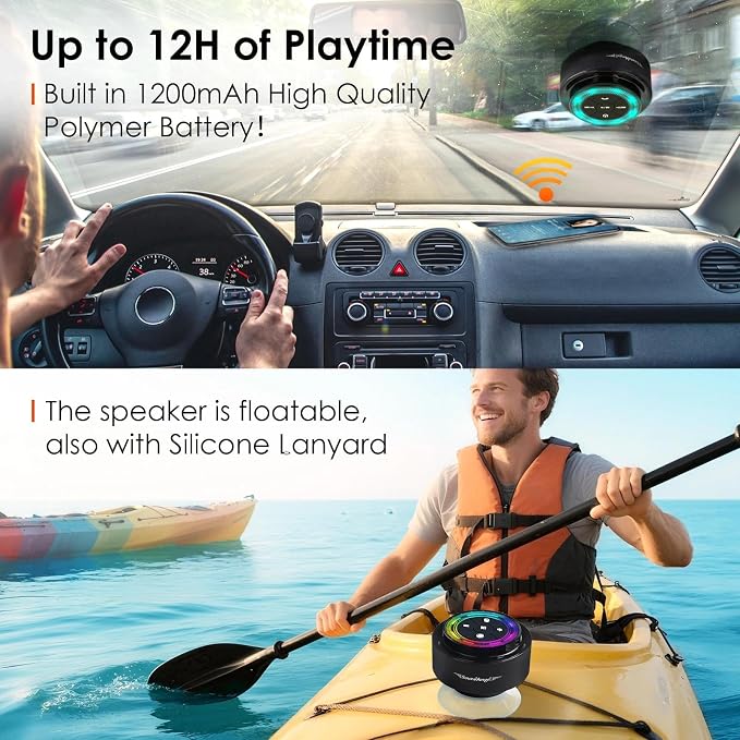 XLeader Pro Bluetooth Shower Speaker (Upgraded) Certified IPX7 Waterproof, 8W Crystal Sound&Rich Bass, 15H Playtime, with RGB Lights, Suction Cup, Silicone Lanyard, Ideal Gifts, SoundAngel Mate(2 Gen)