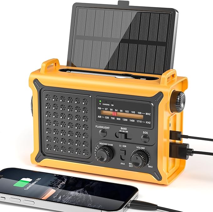 Weather Radios Portable AM FM NOAA Alert with Battery Backup 12000mAh 44400mWh, Fast Solar Power, Emergency Radio Hand Crank Flashlight, Reading Lamp SOS for Home Outdoor Camping