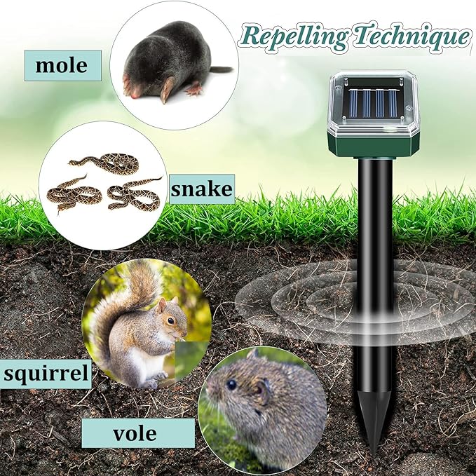 Solar Mole Repellent 10 Pack Sonic Gopher Repellent Vole Sanke Chaser Mole Deterrent Sonic Spikes Repellent Ultrasonic Pest Control Outdoor Keep Moles Out of Yard Lawn