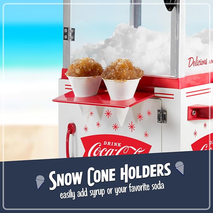 Nostalgia Coca-Cola 48-Inch Tall Snow Cone Cart, Makes 72 Icy Treats, Includes Metal Scoop, Storage Compartment, Wheels For Easy Mobility – Coke Red