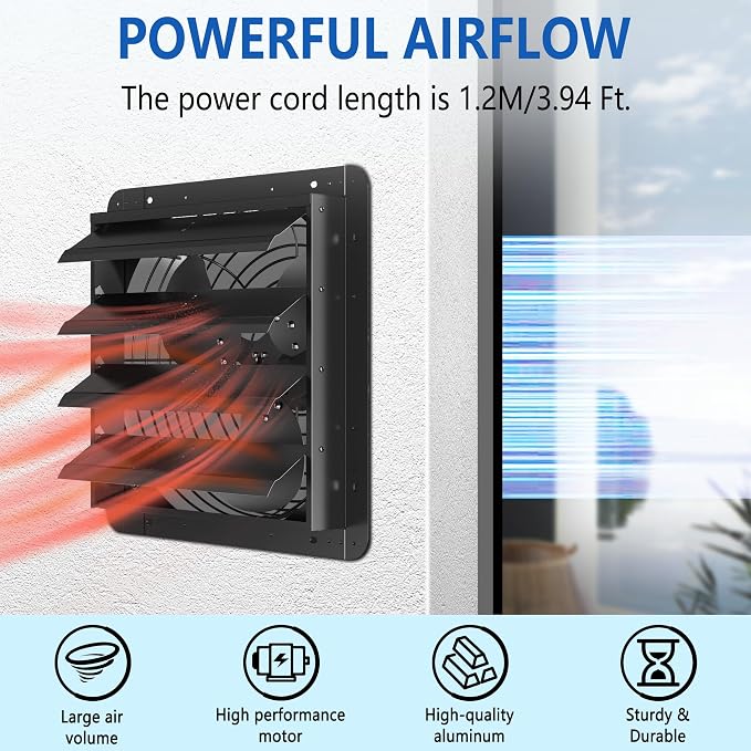 18 Inch Shutter Exhaust Fan, Aluminum Wall Mounted Exhaust Fan with Power Cord,2678 CFM High Speed Automatic Louvered Vent Fan for Greenhouse, Factory,Shop,Garage, ETL Listed