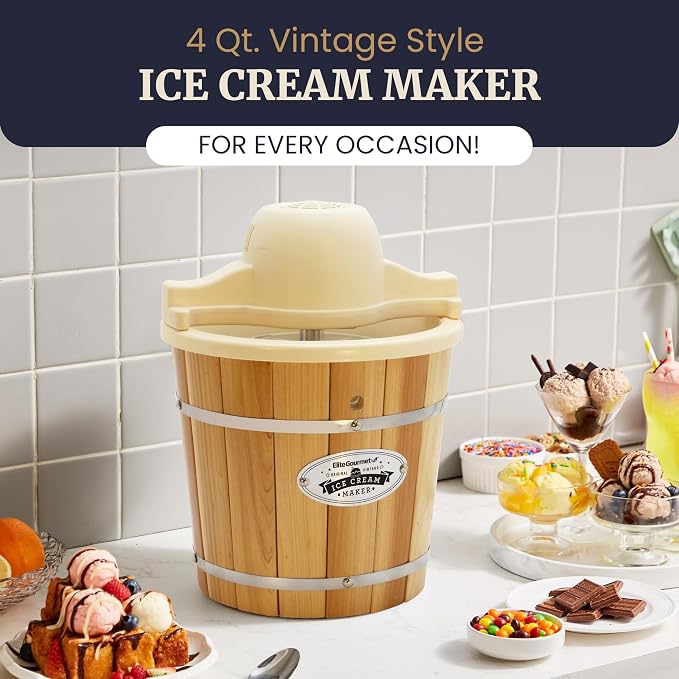 Elite Gourmet EIM924LX 4Qt Old Fashioned Vintage Appalachian Wood Bucket Electric Ice Cream Maker Machine with Leak-Proof Liner, Uses Ice and Rock Salt Churns Ice Cream in Minutes, Cream