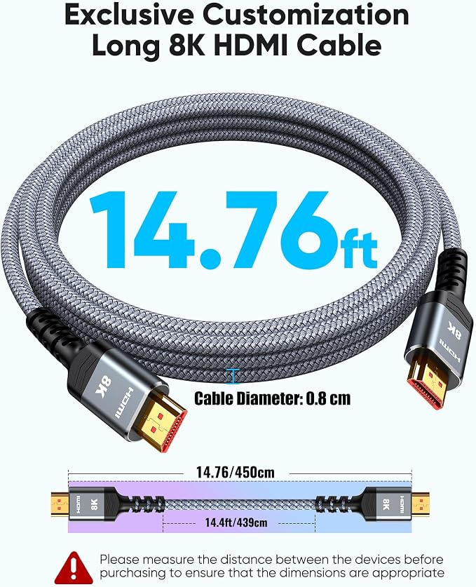 Highwings 8K@60 Long HDMI Cable 15FT, 48Gbps 2.1 High Speed Gaming HDMI Cord 4K120 144Hz RTX 3090 eARC HDCP 2.2&2.3 Compatible for PS5, SoundBar, AVR, UHD TV