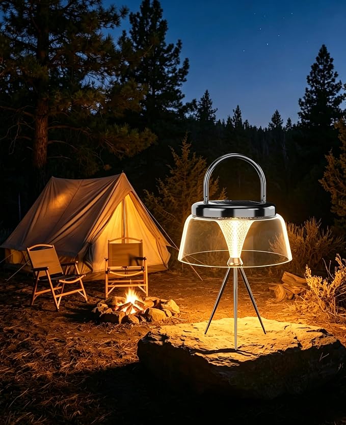 Solar Camping Lantern, Dimmable 360°COB LED Camping Light Rechargeable, IP65 Waterproof Portable Camping Lanterns, Hanging/Tabletop Lamp for Tent, Patio Decor, Emergency Power Outage(Black)