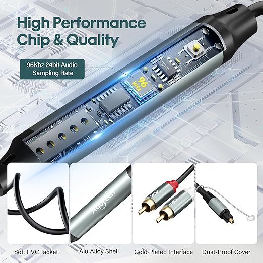 Adoreen Unidirectional 2 RCA Input to SPDIF/Toslink Output Optical Adapter Cable 10 Ft, Analog to Digital Audio Converter, 48Khz/96Khz for Turntable CD DVD to Soundbar TV Home Theater System