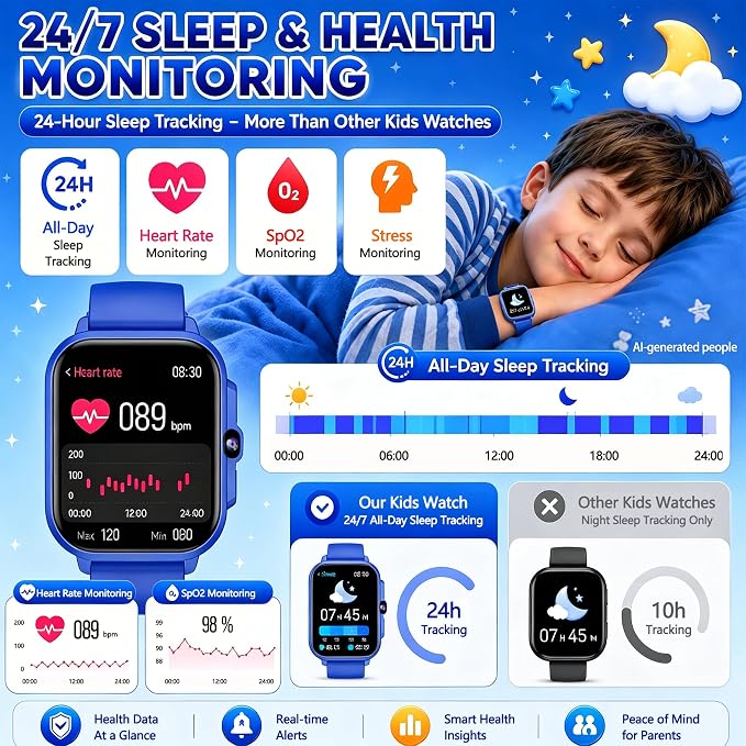Smart Watch for Kids, 1.85" Fitness Tracker with Camera, Game, Music, SOS, AI, Alarm Clock, Video,Parent Control, 24/7 Heart Rate Sleep Monitor, 100+ Sport Modes, IP68 Waterproof, Gifts for Boys Girls