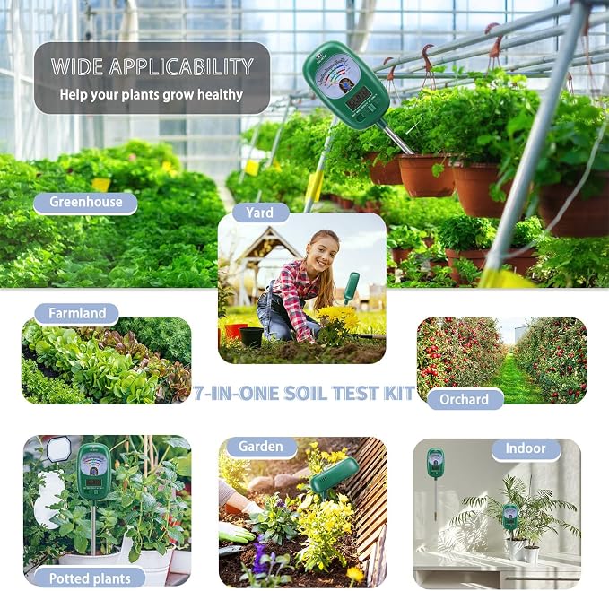 7-in-one Soil Test Kit, Soil Moisture Meter/PH Meter/Sunlight Intensity/Fertility Soil Tester, LCD Display Air & Soil Hygrometer Temperature for Hous Plants Garden, Farm, Lawn Care Moisture Meter