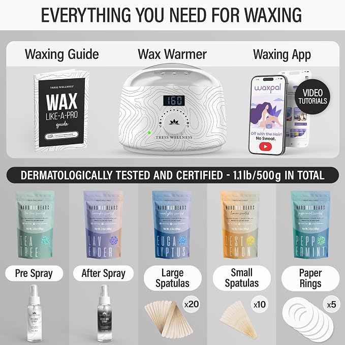 Tress Wellness Award Winning Waxing Kit for Sensitive Skin – Safe for Face & Skin, Easy to Use – At-Home Kit for Face, Bikini, Brazilian & Full Body - Digital Display, Black & White