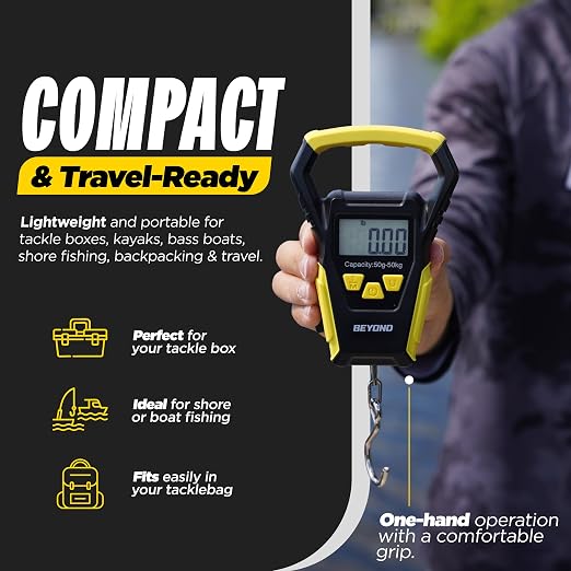 Beyond Fishing Digital Scale with Built-in Tape Measure – Weighs Up to 110lbs - LCD Display, Ounces - Pounds - Kilograms - Ergonomic Grip, Battery Powered, Portable Fish Weigher for Anglers