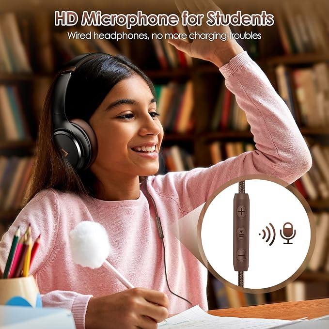 USB C Headphones Wired Headphone Over Ear with Microphone, Lightweight Only 195g, Active Noise Canceling Headphone for iPhone/iPad/Sports/School/Travel, Brown Headphones Plug and Play-Ideal Gifts