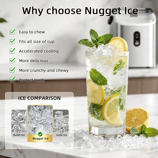 Nugget Countertop Ice Maker with Soft Chewable Ice, 35Lbs/24H, Pebble Portable Ice Machine with Ice Scoop, Self-Cleaning, One-Click Operation, for Kitchen,Office Stainless Steel Silver