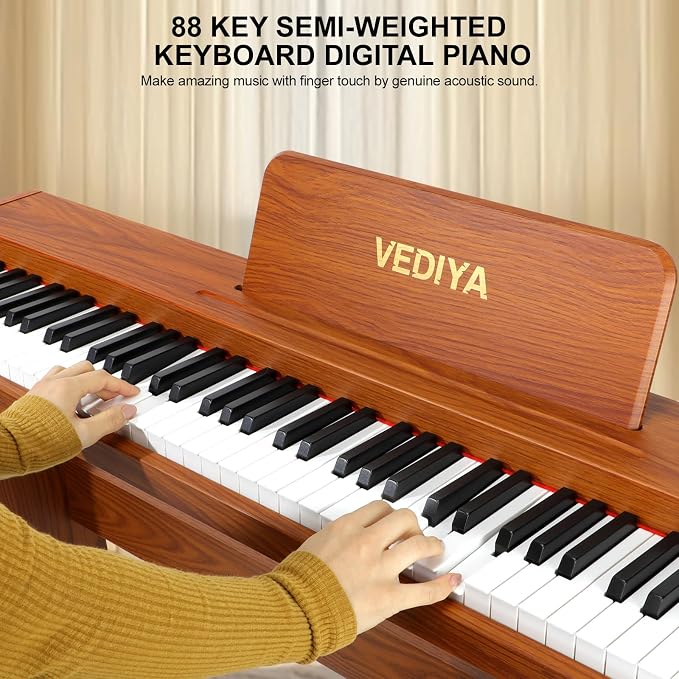 Digital Piano Keyboard 88 key,Semi-Weighted Electric Piano,Full Size Acoustic Piano for Beginners with Pedal, USB-MIDI Compatibility (Brown)