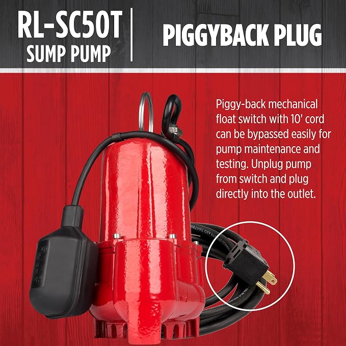Red Lion RL-SC50T 115-Volt, 1/2 HP, 4300 GPH Cast Iron Sump Pump with Tethered Float Switch, 10-Ft. Cord, Red, 14942746