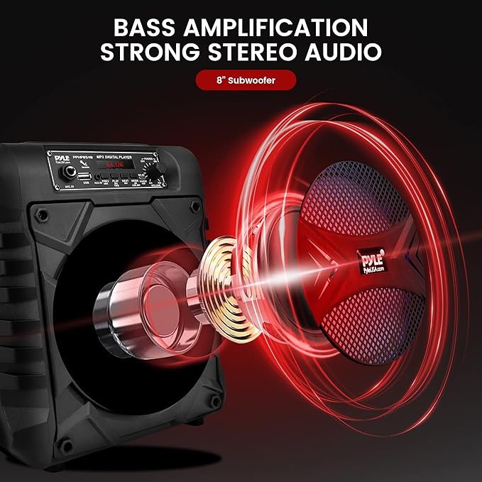 Pyle Portable Bluetooth PA Speaker System, 300W Rechargeable Outdoor Bluetooth Speaker Portable PA System w/ 8” Subwoofer, AUX, Microphone in, Party Lights, MP3/USB, Radio, Remote