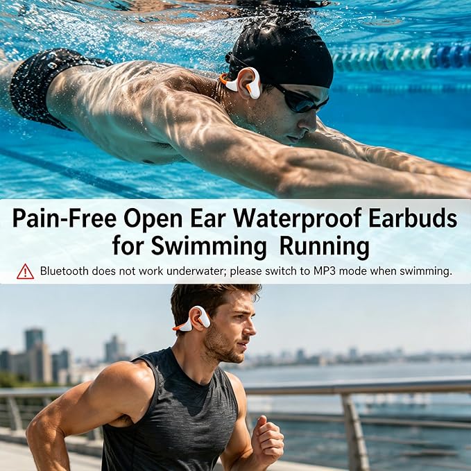 Swimming Headphones Underwater, Bone Conduction Swimming Headphones IPX8 Waterproof Open Ear Headphones with 32GB Built-in MP3, Bluetooth 6.0 Dual Mode, Dual Device Pairing, Magnetic Charging(Beige