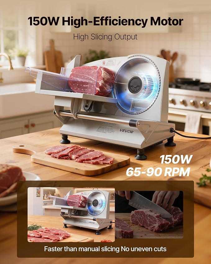 VEVOR Meat Slicer, 6.7" Electric Deli Slicer Machine with 2 SUS420 Blades, 0-0.6 inch Adjustable Thickness, 150W Home Food-Slicer for Meat, Ham, Baguett, Steak, ETL Approved