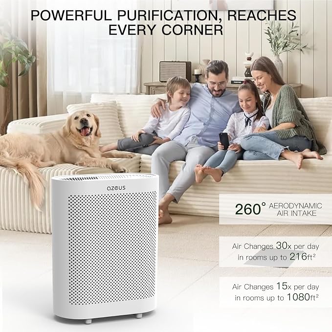 Azeus FS32 True HEPA Air Purifier for Large Rooms, White, High CADR 400m³/h, Smoke Dust Pet Dander Removal, Auto Mode with Air Quality Senso