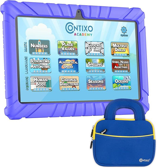 Contixo 7 inch Kids Tablet - V8 Tablet for Kids and Sleeve Bag Bundle, Age 3-7, Learning Tablet for Children with Teacher's Approved Apps, 32GB, Android 11, Parental Controls - Dark Blue (Boy)