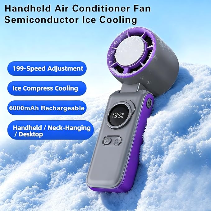 Portable Handheld Turbo Ice Fan,with Semiconductor Cooling-6000mAh Rechargeable 3-in-1 Mini Fans (Hand/Neck/Desk),199 High Speed/26550 RPM,LED Display Quiet Fan for Travel,Beach,Home,Outdoor (Purple)