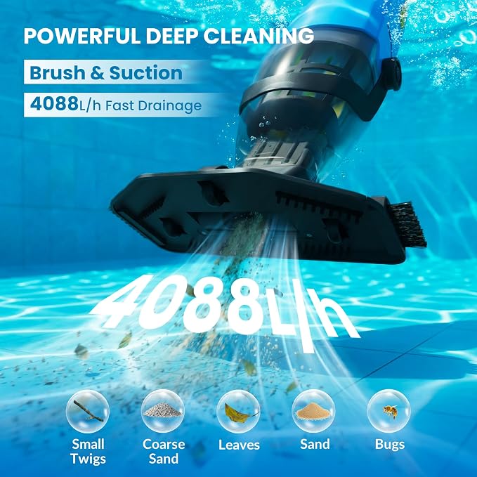 Cordless Pool Vacuum Above & Inground Pools, Powerful 15GPM Suction, Handheld Pool Vacuum with 4 Section Pole up to 87", 1H Runtime, Debris Filter Bin, Rechargeable Pool Cleaner for Spas & Hot Tubs