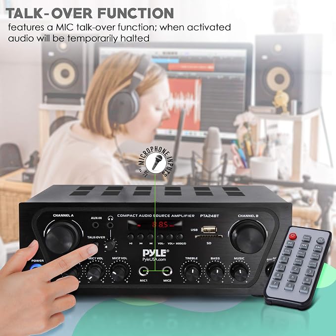 Pyle 2-Channel Bluetooth Home Stereo Amplifier - 250W Wireless Audio Receiver, Karaoke Optimized: Dual Mic In with Echo, Mic Talk-Over, FM Radio, USB-A MP3 Player, RCA, AUX, Remote Ctrl - PTA24BT