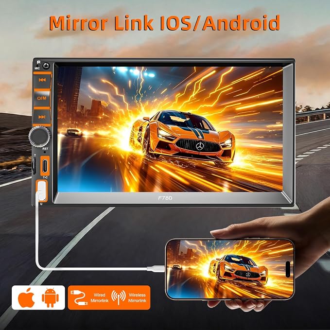 7" Wireless Double Din Car Stereo Carplay Radio Screen for Car Audio Receivers, Car Stereo with Backup Camera, Car Play Android Auto Touchscreen, Mirror Link, Bluetooth, AM/FM, Type-C