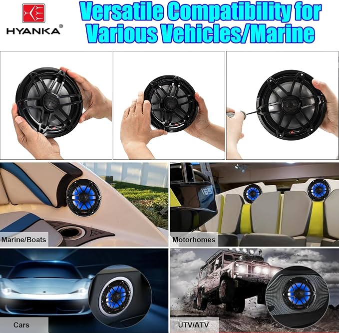 H YANKA MC-65B 6.5 Marine Speakers - 750W 2-Way IP67 Waterproof Marine Stereo System with Blue LED Light, Full Range Sound, Professional Boat Speakers, No Distortion, Y35 Magnet Woofer - 1 Pair