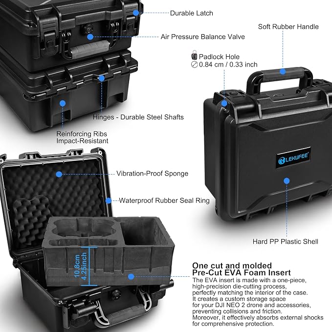 Lekufee Waterproof Hard Carrying Case for DJI Neo 2 Drone, Fly More Combo, DJI RC 2, RC N3, Goggles N3/3, RC Motion 3, and Accessories(Case Only)