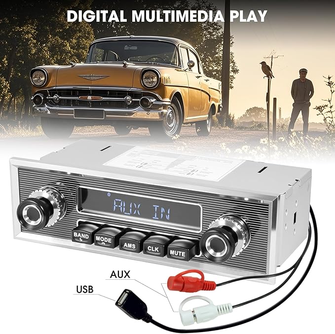 Bluetooth Retro Radio for Classic Vehicles: Single Din Vintage Stereo for Car - AM FM Tuner USB AUX Input Subwoofer RCA Output