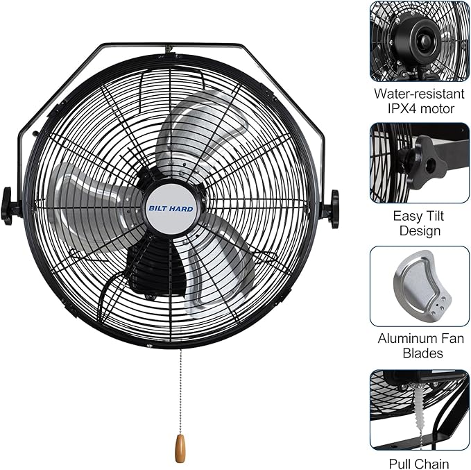 BILT HARD 14 in. High Velocity Outdoor Wall Mount Fan, 3-Speed 3000 CFM Waterproof Wall Fan, Industrial Outdoor Fans for Commercial, Garage, Patio and Gazebo Use, ETL Listed