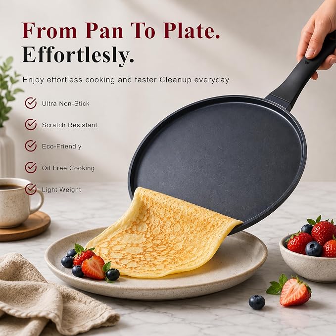 Alva Ceramic Nonstick Crepe Pan 11 Inch Flat Griddle Pan for Crepes, Pancakes, Eggs & Tortillas, PFAS-Free Aluminum Frying Pan, Induction Compatible Black, Dosa Tawa, Roti, Chapati Skillet