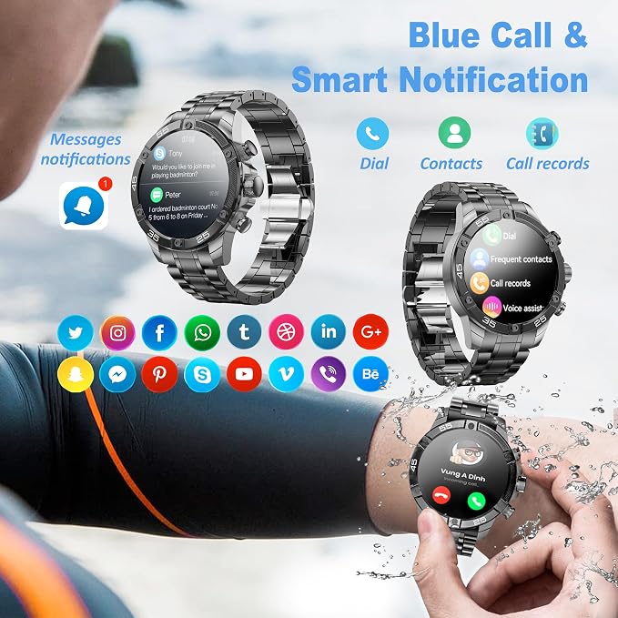 Men's Smart Watch Round HD 1.53" Gold Blue Smart Watches for Men, Multiple Sports Modes, Bluetooth Voice Call. Available for iOS and Android (Black Steel)