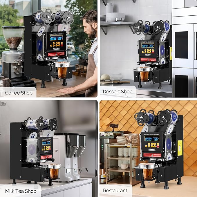 OlymStore Cup Sealing Machine, Cup Sealer Machine Full Automatic, Electric Cup Sealing Machine 500-600 Cups/H, Bubble Tea Machine with Digital Control LCD Panel for Bubble Milk Tea Coffee Black