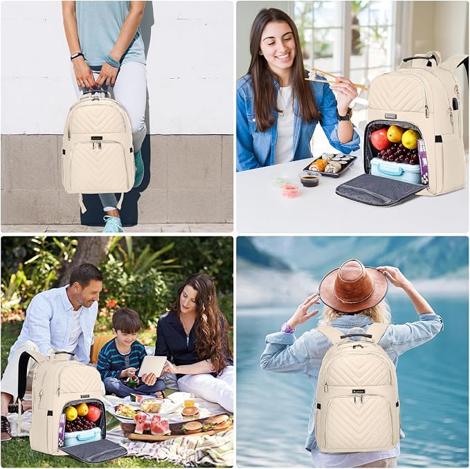 Lunch Backpack for Women, Water Resistant Insulated Cooler Lunch Bag, 15.6 inch Laptop Backpacks with USB Port, Picnic Backpack with Lunch Box for College Work Camping Beaches, Beige