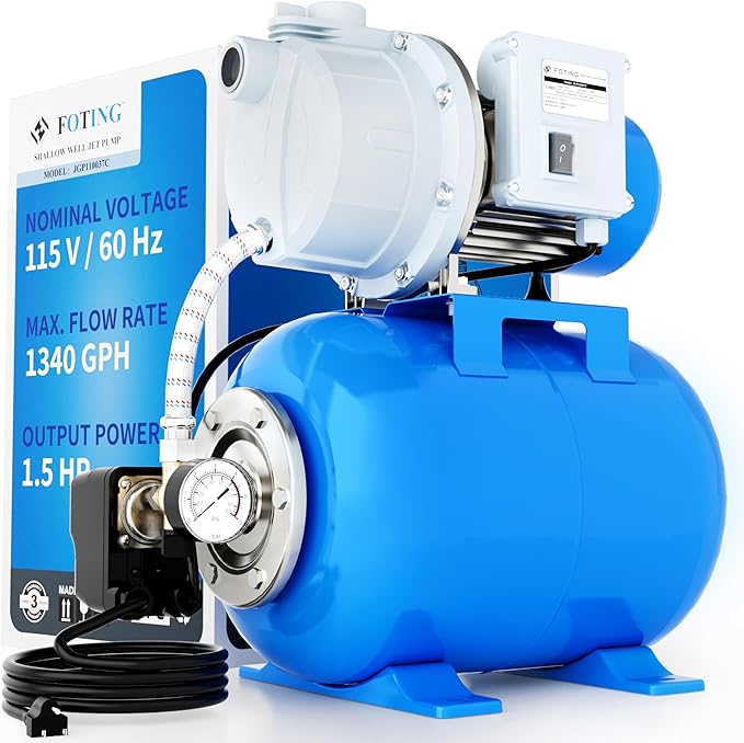 FOTING 1.5HP Shallow Well Pump w/Pressure Tank, 1340GPH Jet Pumps Garden Pump, Water Transfer Draining Irrigation Pumps, Water Booster Jet Pump Stainless Steel for Home Garden Lawn Farm, Blue