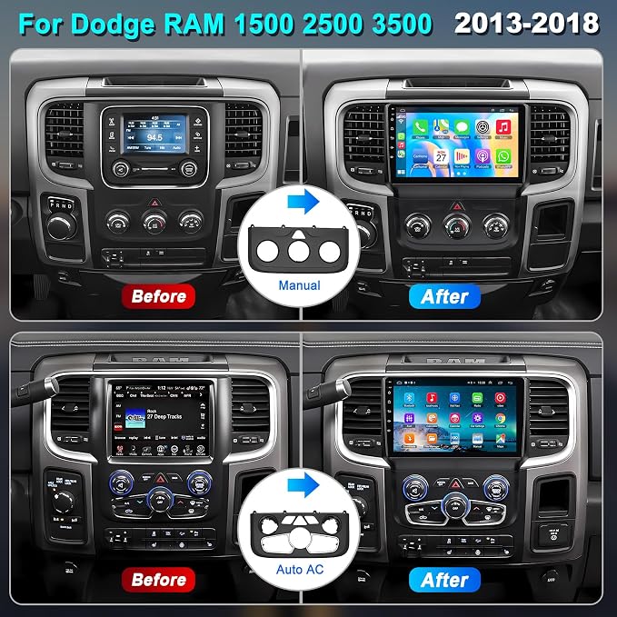 8-core 4G+64G Car Radio for Dodge 2013-2018 RAM 1500/2500/3500(Manual & Auto AC), 9 Inch IPS Touch Screen Car Stereo with Carplay&Android Auto,GPS, WiFi, Bluetooth,FM,Rear View, DSP, Android 15