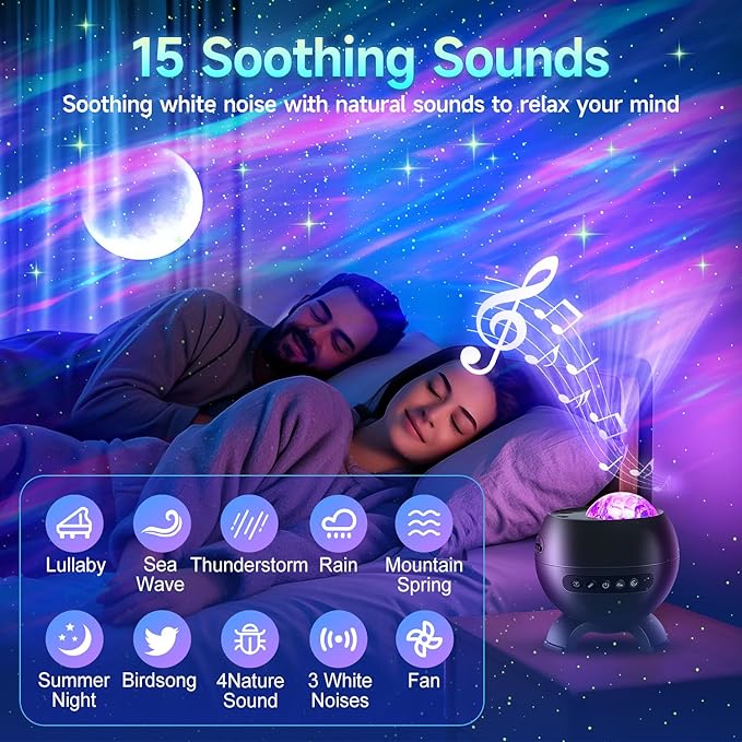 Sound Machine White Noise Machine for Sleeping, 15 Soothing Sounds & Bluetooth Speaker Aurora Light Projector, 15Colors White Noise Sound Machine Sensory Lights for Autism & Fidgets for Adult & Teen