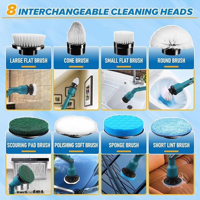 Electric Spin Scrubber for Makita 18V, Cordless Shower Cleaner with Free Adjustable Extension Arm, 1000RPM Clean Brush Waterproof w/ 8 Replaceable Heads for Tile Tub Kitchen Floor (NO Battery)