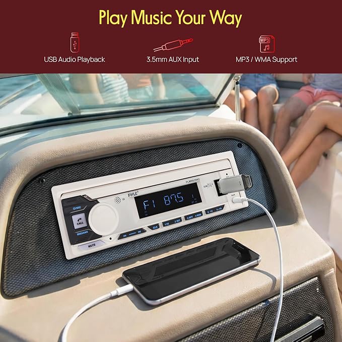 Pyle Marine Radio Single DIN Receiver – Bluetooth Wireless Streaming, AM/FM Tuner, USB/AUX MP3 Playback, Hands-Free Calling, Remote Control, RGB Buttons, Splash-Resistant Stereo Upgrade