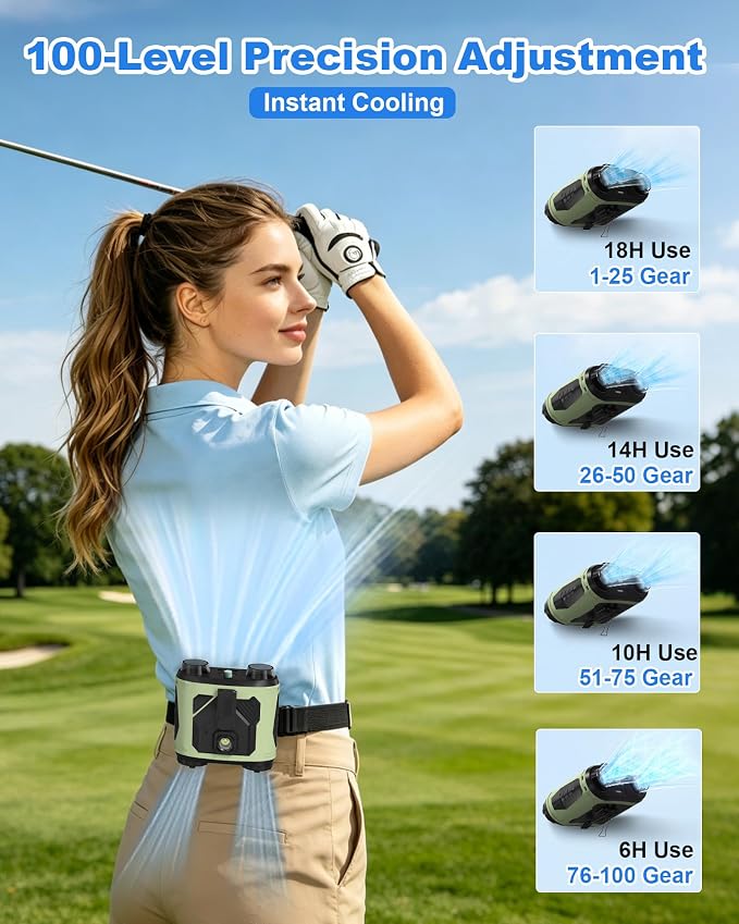 KlikKlak Portable Waist Fan, Mini Personal Fan, Rechargeable Battery, 100 Speeds 6-18H Runtime, Waist Clip & Neck Hanging, Double Brushless Motors, for Summer Outdoor