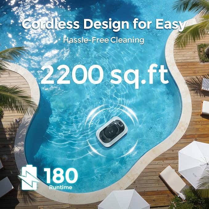 C5 Robotic Pool Cleaner, Cordless Pool Vacuum for Above-Ground & Inground Pools up to 2,200 Sq.Ft, Strong Suction, 180-Min Runtime, Smart Auto-Parking & 2.7L Large Debris Basket (White-Black)