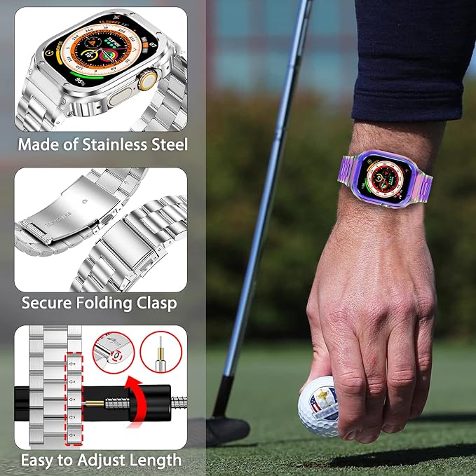 MioHHR Stainless Steel Band and Case Compatible with Apple Watch Band 49mm, Men Metal Protective Bumper Cover for iWatch Series Ultra 3/2/1, Multicolor