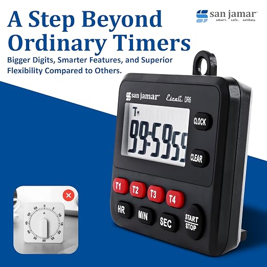 San Jamar Escali Four Channel Digital Kitchen Timer – TMDGTE - Digital Timer for Restaurants, Catering, Multi-Tasking, Kickstand Display, Stopwatch & Clock, 19hr 59min Max, Battery Operated