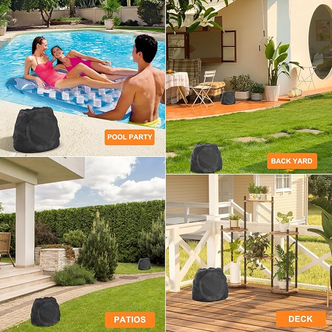 Outdoor Speakers Solar Powered & USB-C Rechargeable, Rock Speakers TWS Pairing Wireless Outdoor Speaker Bluetooth 5.4, LED Light Show, Waterproof, ideal for Backyard BBQ, Garden, Poolside (2-Pc,Black)