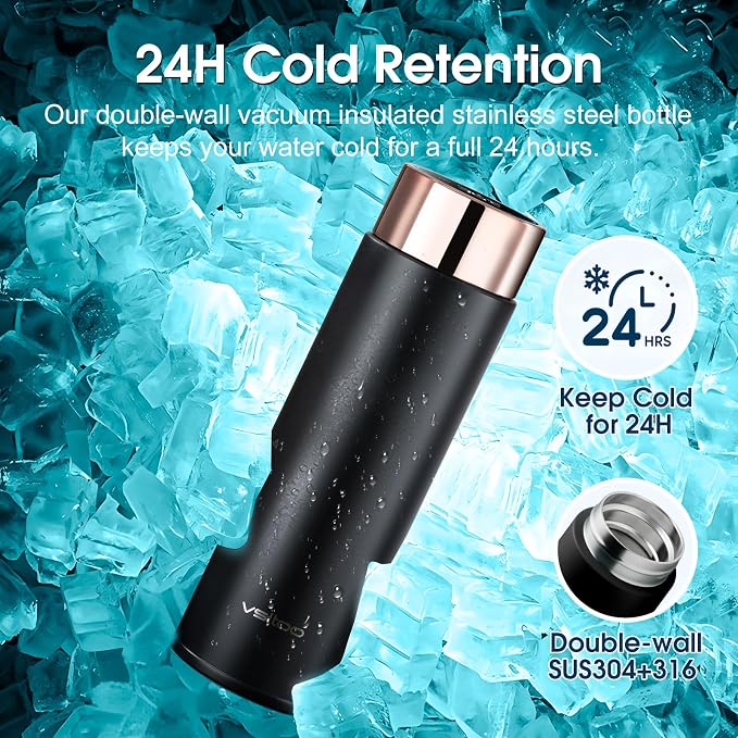 Vsitoo Smart self cleaning Insulated Water Bottle, 15oz Stainless Steel Vacuum Flask, AI Self-Clean, 30-Day Battery Life, BPA-Free, Magnetic Charging, Portable Travel Mug Gifts for Men Women, Black